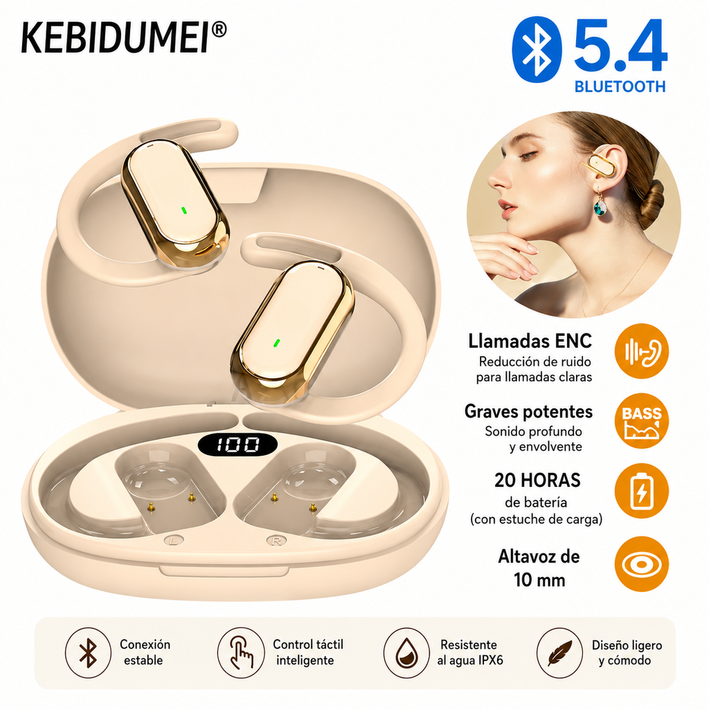 Auriculares Inalámbricos Bluetooth 5.4 Ajustables con Micrófono y Estuche de Carga