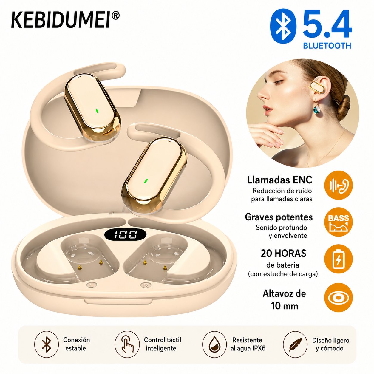 Auriculares Inalámbricos Bluetooth 5.4 Ajustables con Micrófono y Estuche de Carga