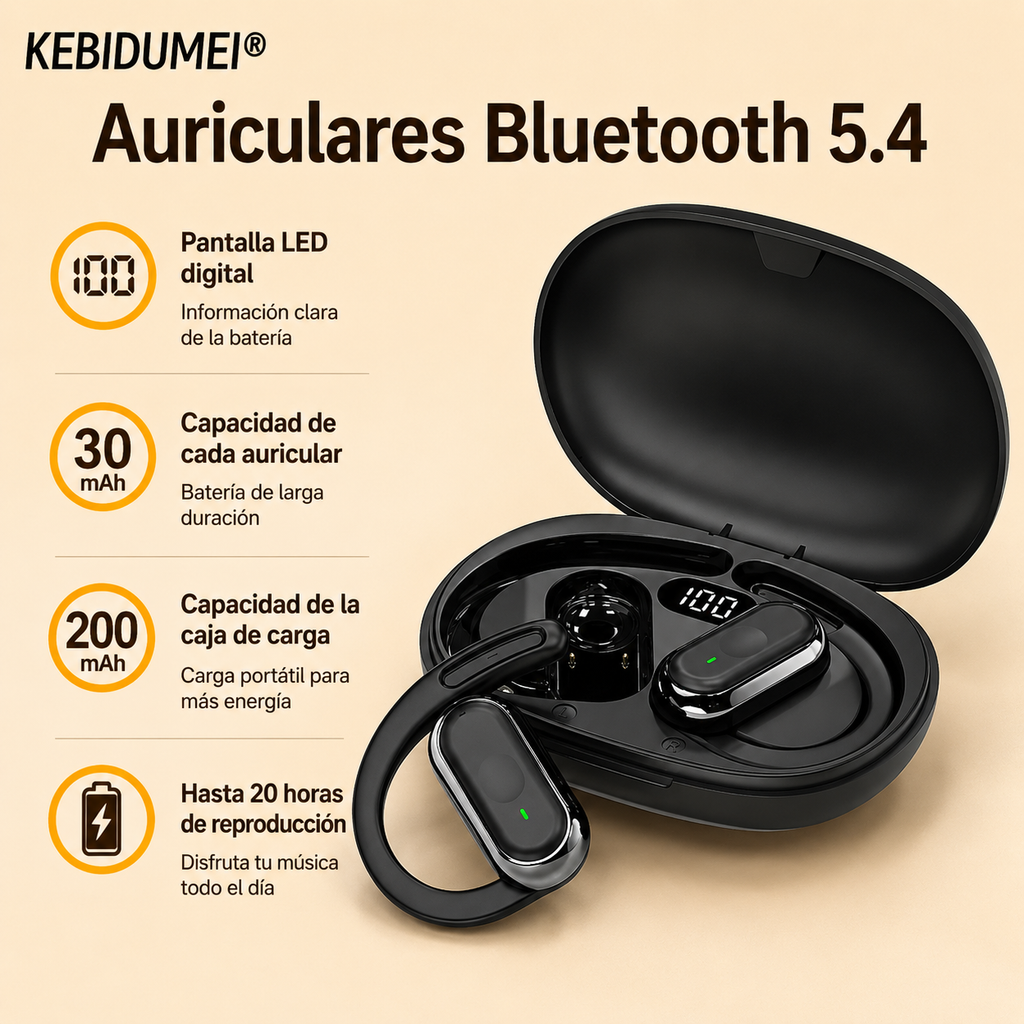 Auriculares Inalámbricos Bluetooth 5.4 Ajustables con Micrófono y Estuche de Carga