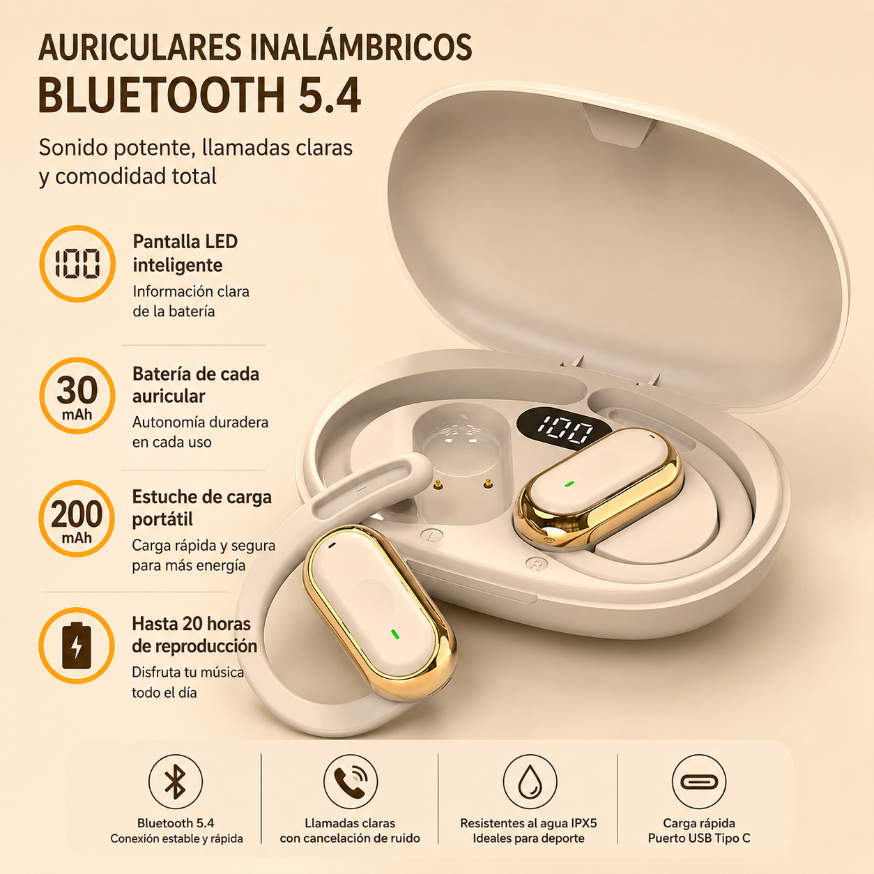 Auriculares Inalámbricos Bluetooth 5.4 Ajustables con Micrófono y Estuche de Carga